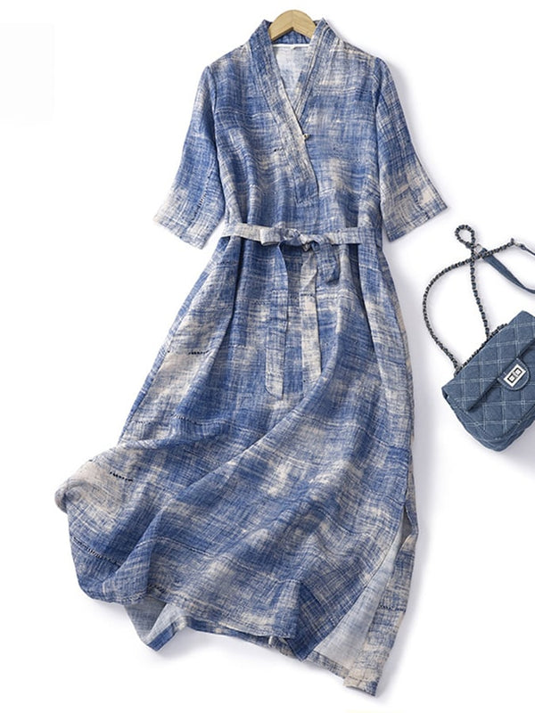 Robe rétro en coton et lin avec ceinture 