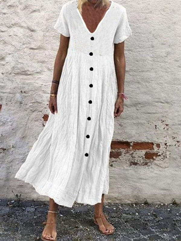 Robe boutonnée à manches courtes et col en V en coton et lin 