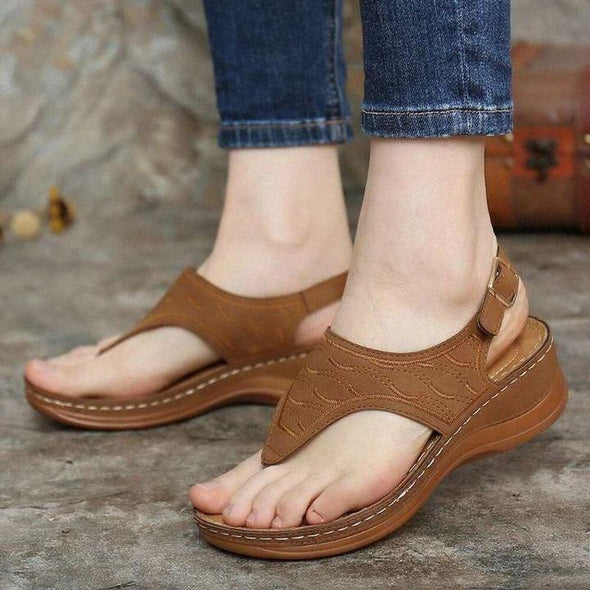 Sandalias de cuña cómodas y ortopédicas con bordado, sandalias de cuero para caminar 