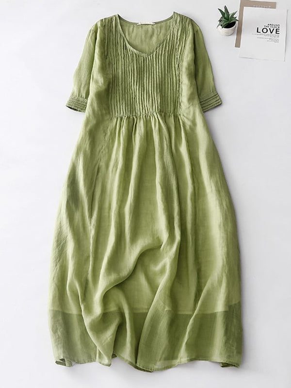 Elegant Pleated Loose Cotton Linen Dress