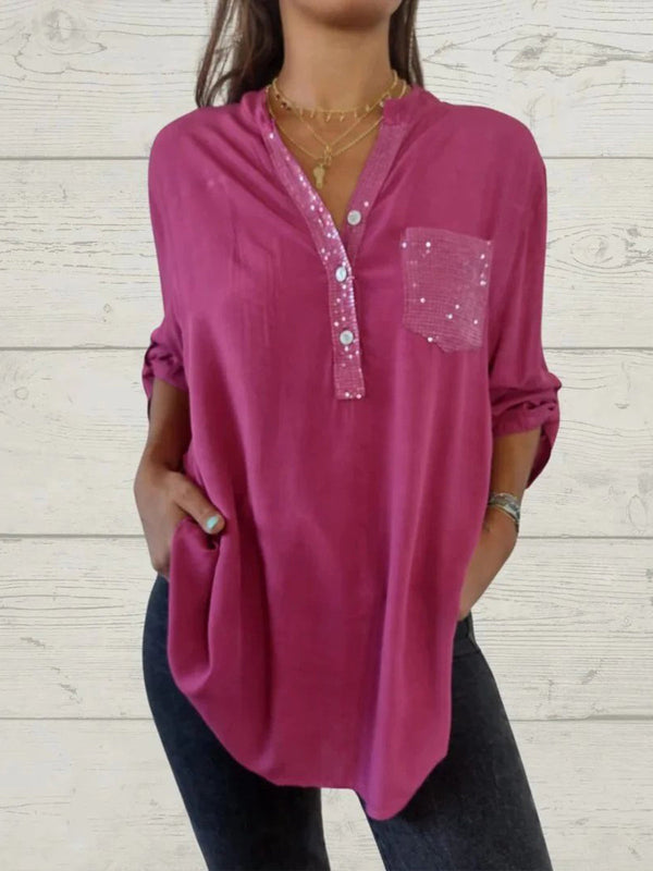 Sequin Patchwork V-neck Shirt