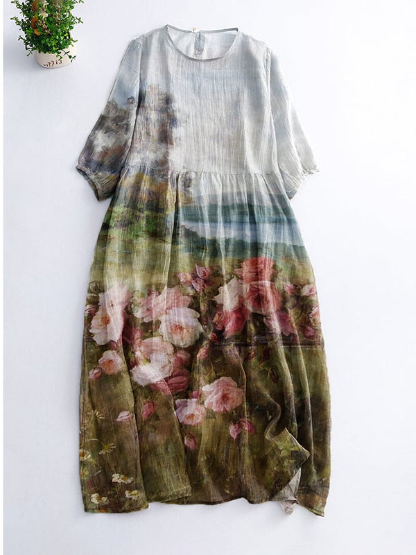 Vestido elegante y moderno con estampado floral de rosas y pintura al óleo 