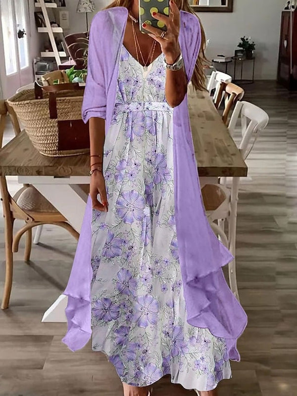 Conjunto de vestido camisola tipo cárdigan con estampado floral de plantas para mujer 