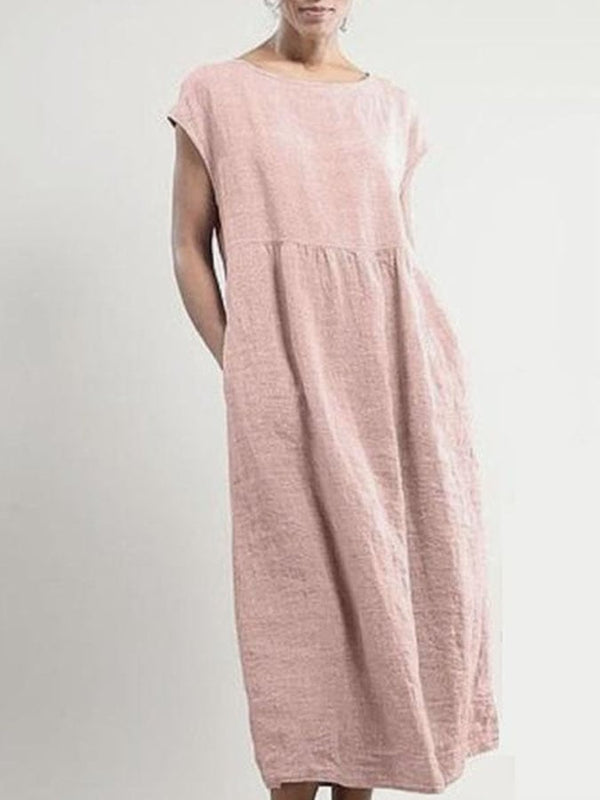 Solid Color Sleeveless Loose Pocket Cotton Linen Dress