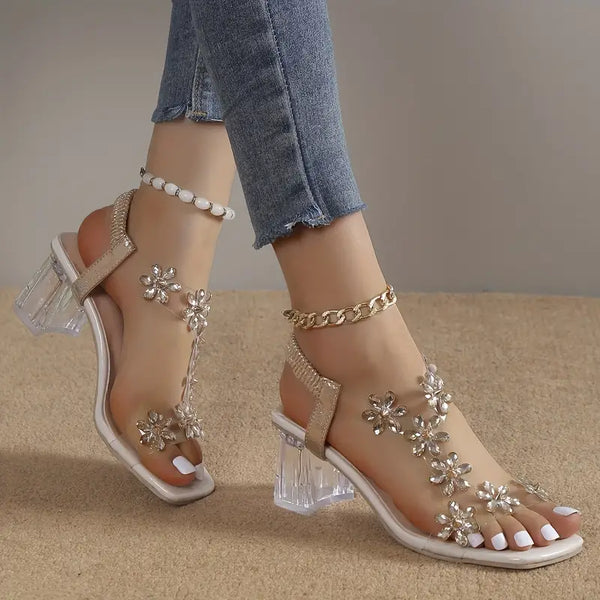 🔥Promoción de último día 50 % de descuento: sandalias de tacón de bloque con diamantes de imitación y flores para mujer 