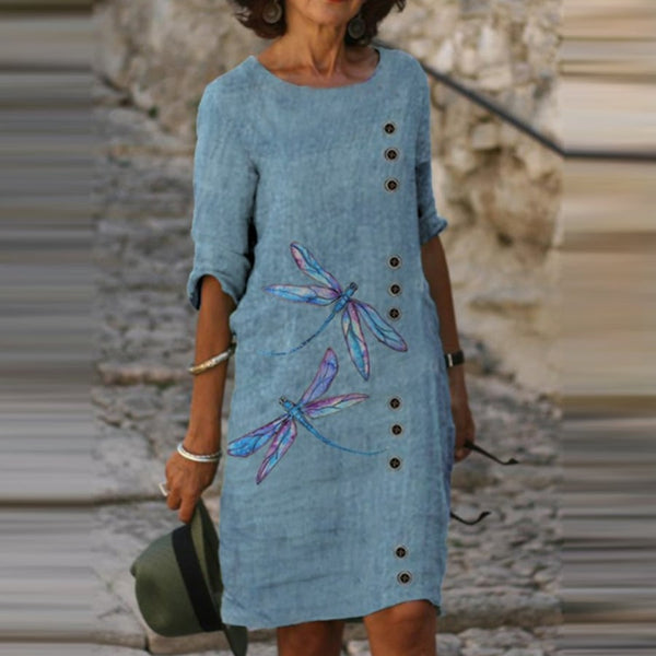 Women's Dragonfly Print Crew Neck 3/4 Sleeve Dress