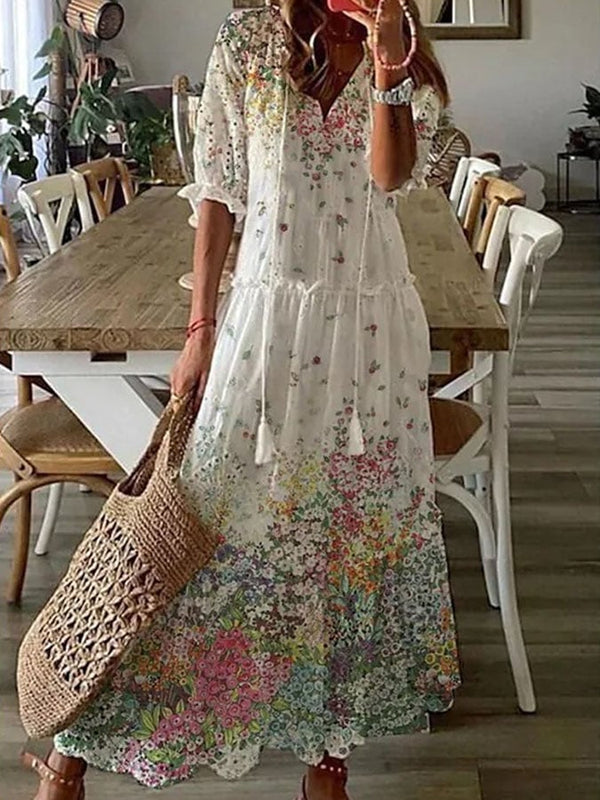 Robe longue à volants et manches longues pour femme 