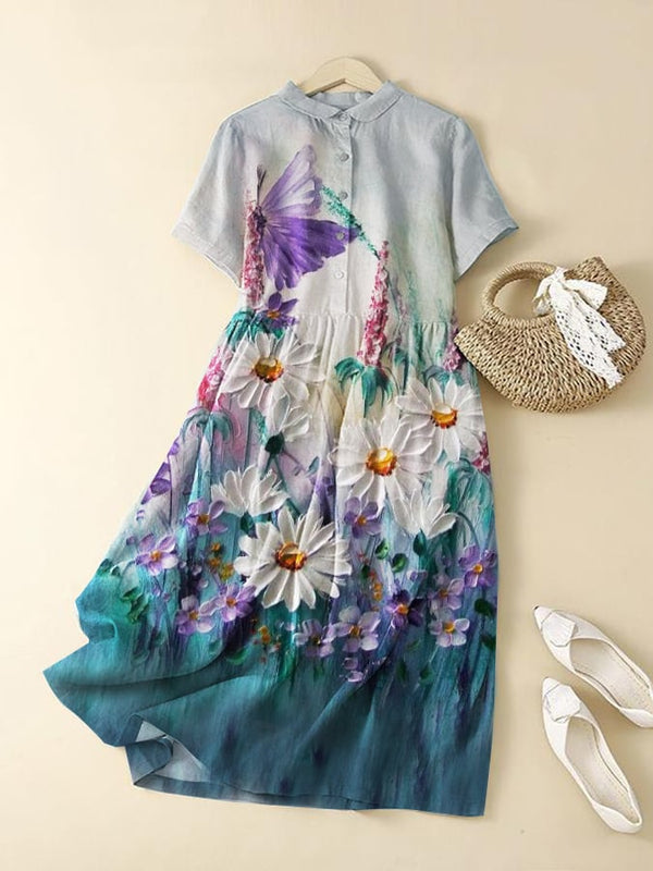 Vestido camisero con estampado floral y pintura al óleo de arte casual de moda 