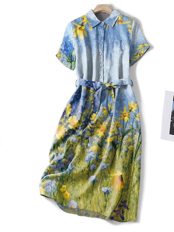 Vestido camisero con estampado floral y pintura al óleo artística 