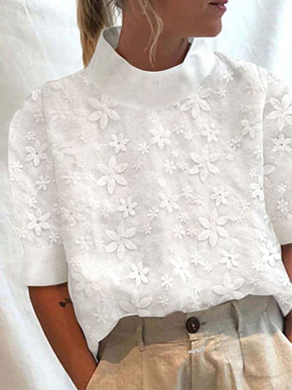 Chemise boutonnée à manches courtes en coton et lin pour femme avec revers en dentelle 