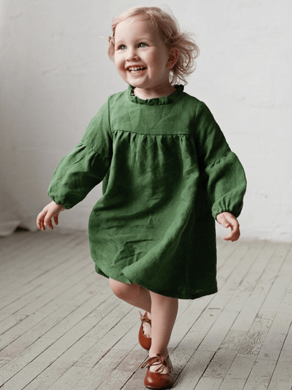 Robe à manches longues en coton et lin pour fille (convient aux enfants de 2 à 7 ans) 