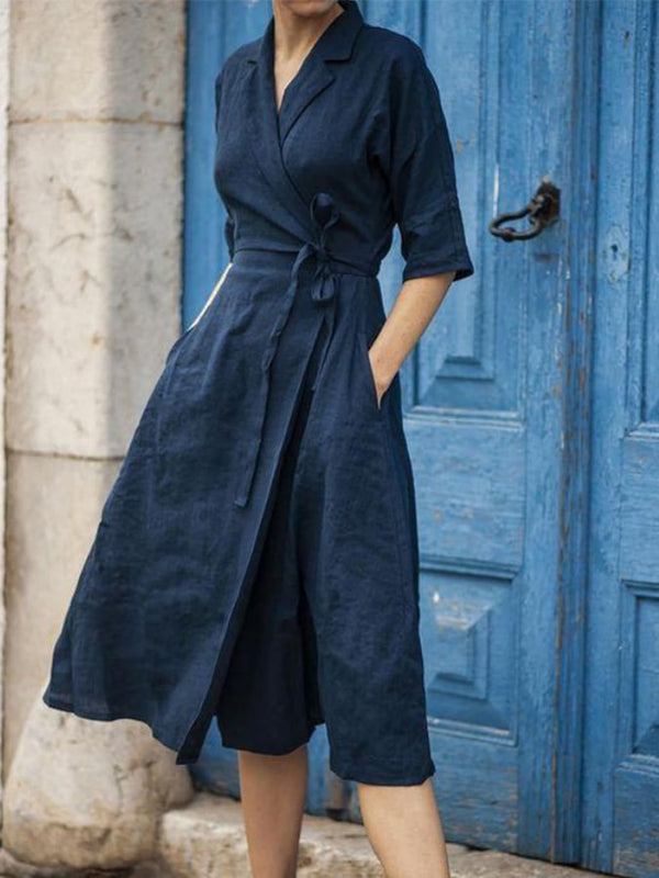 Robe à revers ceinturée en coton et lin pour femme 