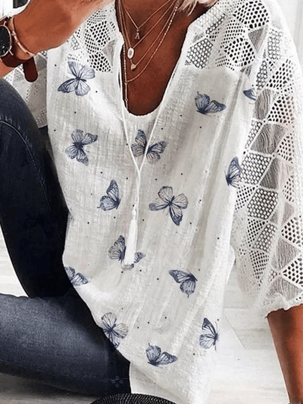 Camisa informal con cuello en V y estampado de mariposas huecas para mujer 