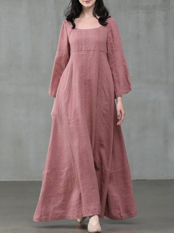 Women's Solid Color A-Line Long Sleeve Maxi Cotton Loose Dress