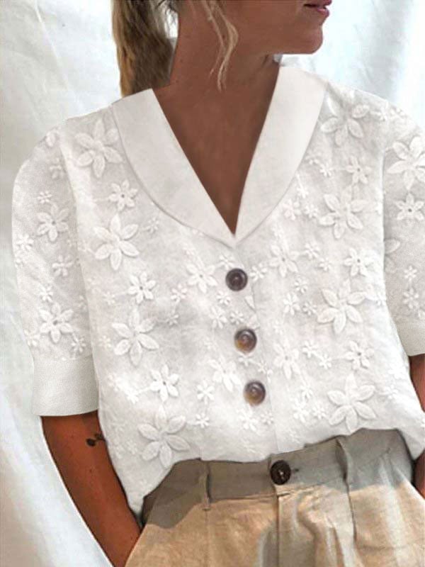 Chemise boutonnée à manches courtes en coton et lin pour femme avec revers en dentelle 