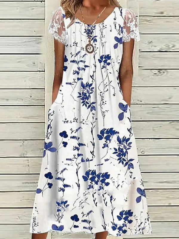 Botanical Print Lace Stitching Casual Dress