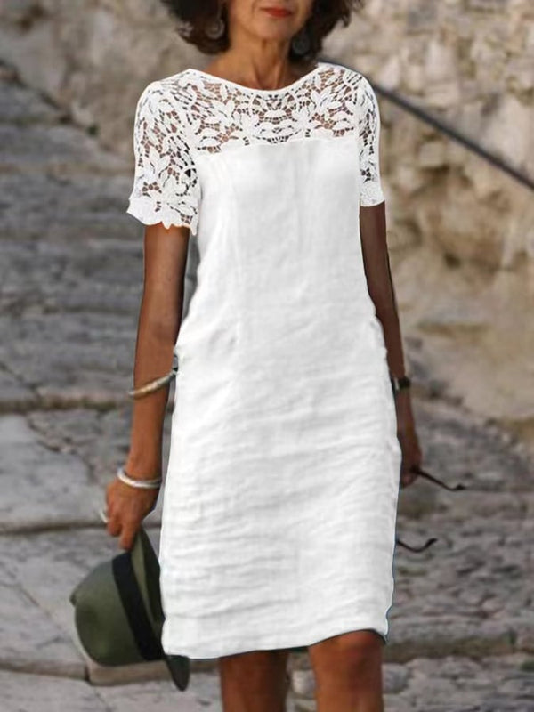 Fashionable Lace Patchwork Round Neck Solid Color Dress