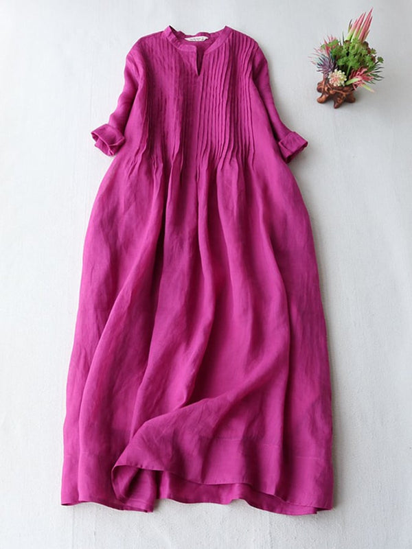 Elegant Pleated Loose Cotton Linen Dress