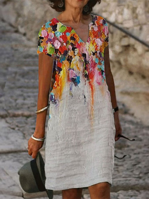 robe à col en V avec imprimé peinture à l'huile pour femme 