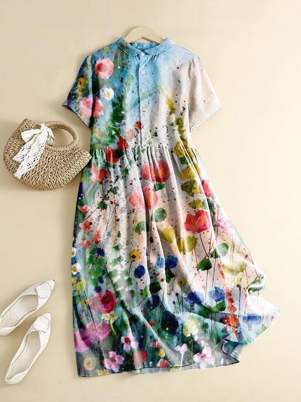 Vestido camisero con estampado floral y pintura al óleo de arte casual de moda 