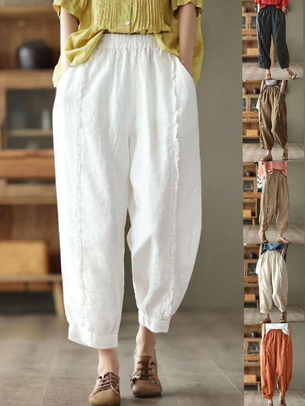 Pantalon décontracté en coton et lin avec coutures d'oreilles en bois rétro 