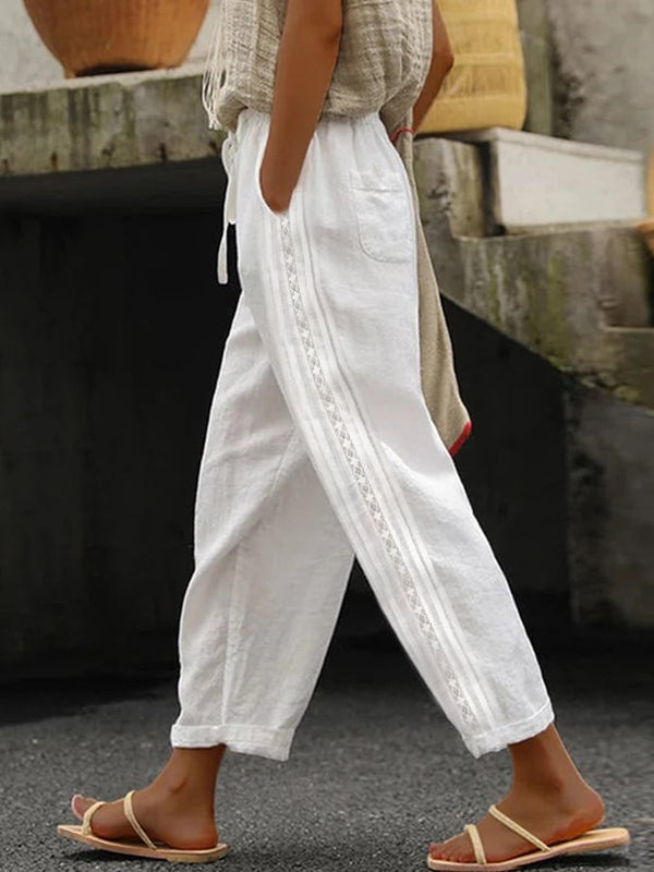 Pantalon décontracté en coton et lin avec poches en dentelle pour femme 