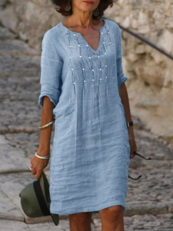 Robe décontractée en coton et lin à col en V de couleur unie 