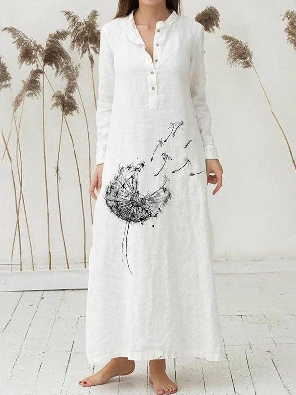 Vestido de mujer de manga larga con escote en V y estampado floral blanco 