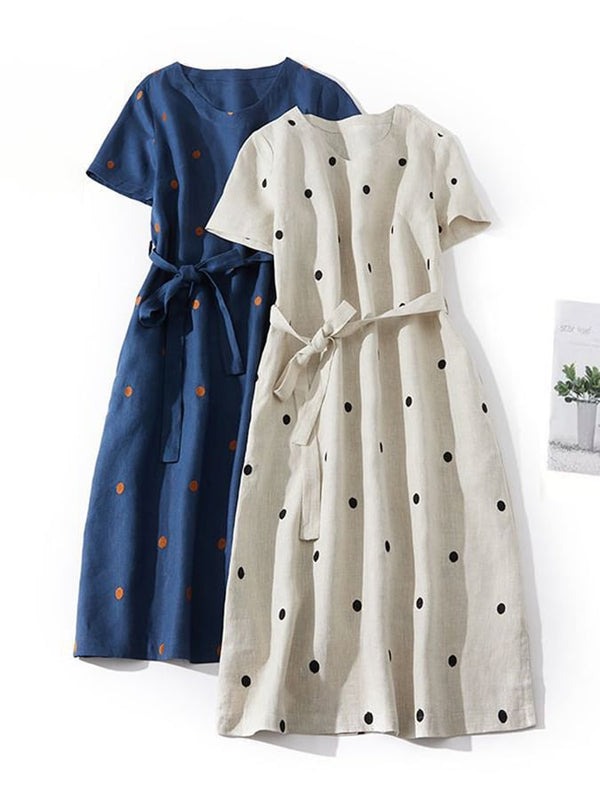 Robe à ceinture en coton et lin imprimé à pois 