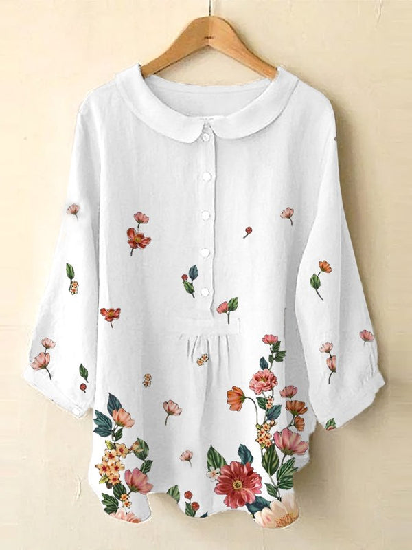 Chemise à sept manches en coton et lin à imprimé floral pour femme 