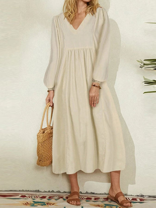 Casual Solid Color V-Neck Dress