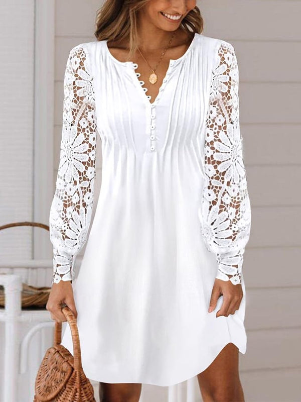 Lace Long Sleeve Pleated Dress