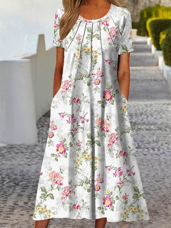 Robe décontractée à imprimé floral et col rond avec poches 