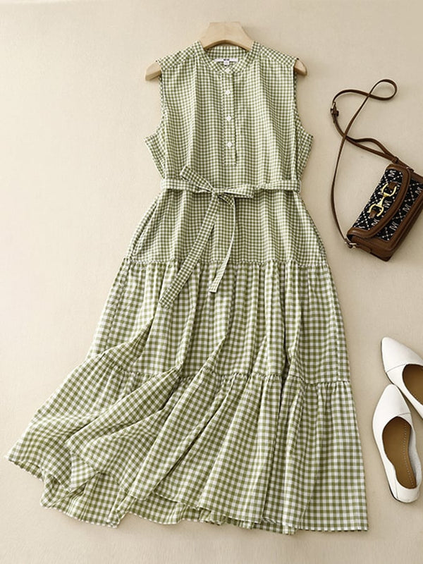 Comfortable Thin Plaid Lace Up Sleeveless Dress