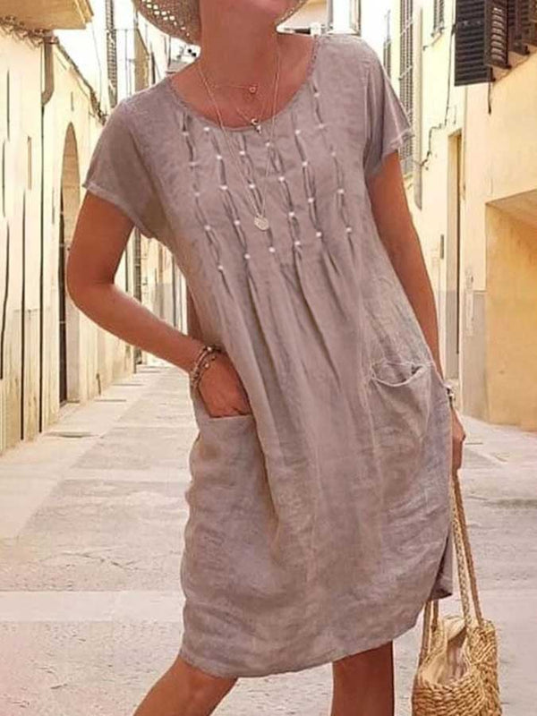 Casual Round Neck  Linen Short Sleeve Dress