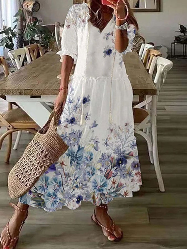 Women'S Long Sleeve Ruffle Print Long Dress