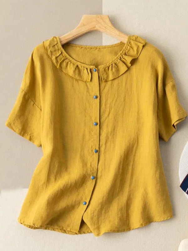 Camisa de manga corta con cuello bebé de lino y algodón para mujer 