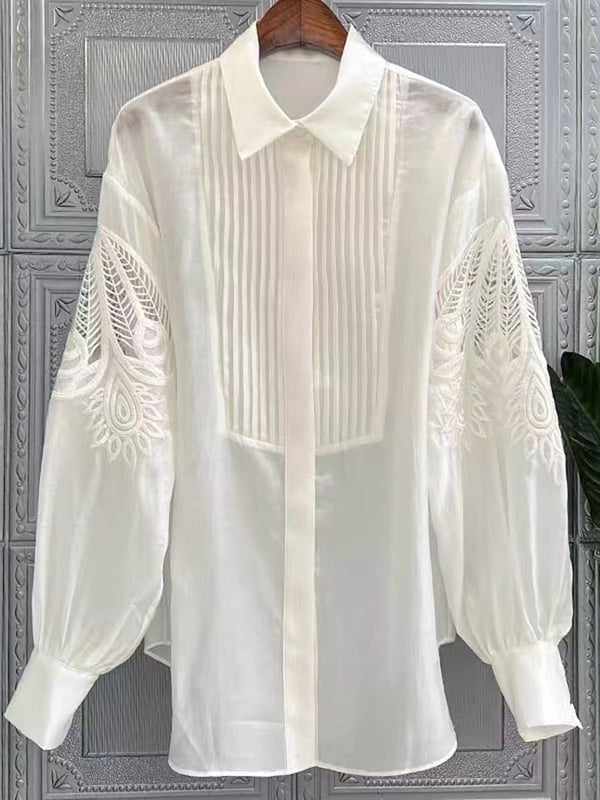 Camisa casual de manga larga con temperamento blanco y bordado exquisito 