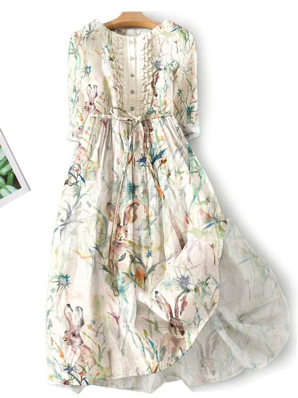 Casual Literary Floral Rabbit Print Dress