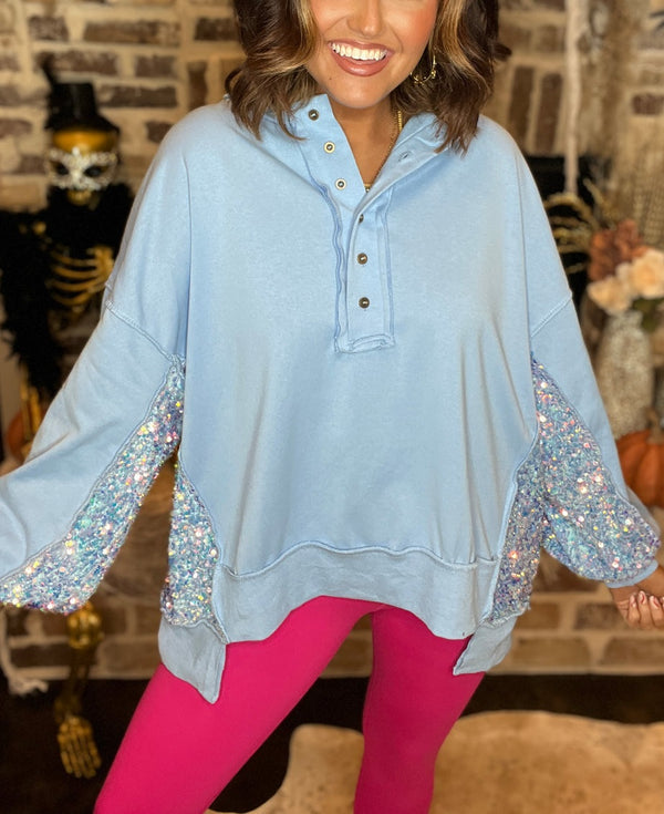 2024 New Sequin Colorblock Henley Sweatshirt